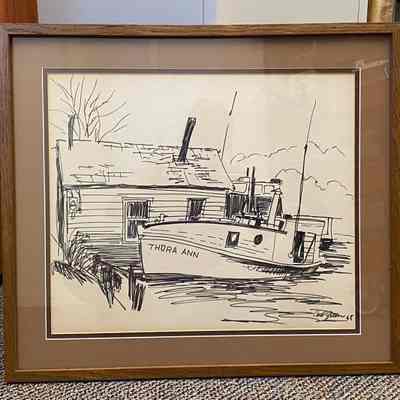 ThoraAnnTug.JPG 2.1MB: Kathryn Hanley, daughter of Harry Dekker, brought this framed drawing to the Demerest Shanty open house in June 2021 so it could be photographed and added to the Fishing, Commercial collection. The image is behind glass so image is vexed by reflections.