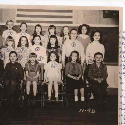 1949OldSchool.jpg 4.1MB: Mrs. Bishop, Peggy Forrester, Bobby Engel?, Erlewein, ? Monique, Bud Nolan Schreckengust, Beverly Forrester, Judy Schu?, ? Ash, Ruth Ann Troutman, Larry Jones, Larry Philips, Ash, Alice Eckdahl, Lorna Mueller, Buddy