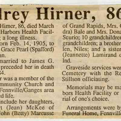 EnsObit-Hirner-Audrey.JPG: Audrey V. Hirner, Clyde B. Allen, Grace Pearl Spafford Allen,