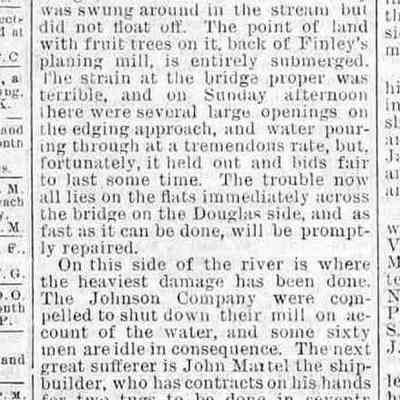 cr1883070601RagingKalamazoo.jpg: High Kalamazoo water levels in spring 1868 submerged bridges and Leslie, Ingham & Co. veneer work in Richmond, Daniel Gerber warehouse and dock floated away; Ph. Purdy warehouse, Finley's planing mill, Johnson Company shut down, John Martel ship yard, Kleeman's saloon, J. Priest blacksmith shop, James Elliott ship yard, residences on Water St., and blocked efforts to ship out berries.