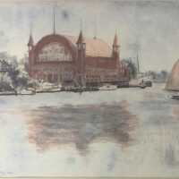          Watercolor painting of the Big Pavilion, view from across the river
   