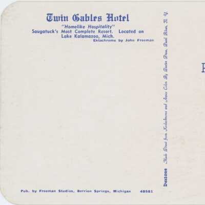 Twin Gables Hotel Postcard Reverse