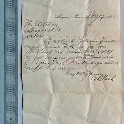 J. May 1897 letter to J.A. Aliber acknowledging receipt of Liquor Tax payment