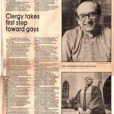 Weekend Magazine 'Saugatuck's Gays' part 3 c.jpg 4.7MB: Father Don Klingler, St. Peter's Catholic Church and Rev. Ruth McCarty, Douglas Congregational United Church of Christ. Rev. Ron Luchies of Saugatuck Christian Reformed Church is also quoted.