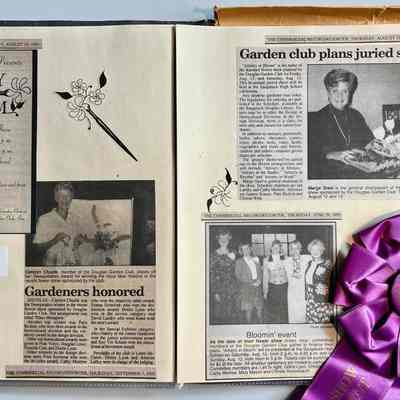 1995 scrapbook including "Artistry in Bloom" flower show, dark grey cover: including purple rosette award