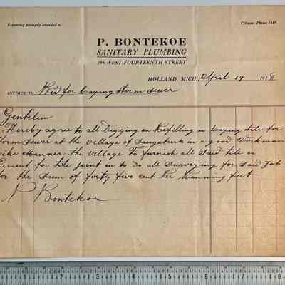 E. Quote for installing storm sewers by P. Bontekoe of Holland, Mich., 1918.