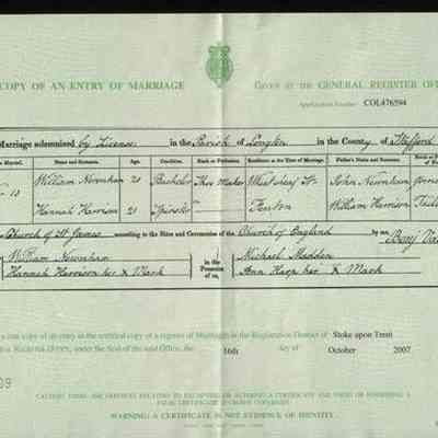 Marriage Certificate for "William" and Hannah
