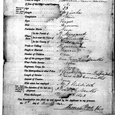1842 Application for London Police: Richard B. Newnham was a police officer in London, and was married in Stafford-shire, England, in 1839. In 1862 he came to the United States, and, the Civil War being then under full way, he enlisted in the navy, in defense of the national flag, and served faithfully until the end of the war. After an honorable discharge, he settled in Saugatuck, Mich., where he has served as justice of the peace, township clerk and supervisor. Of his marriage with Miss Harrison have been born thirteen children, of whom eight reached mature years, viz: John in England; Lucy, wife of Edwin Crossman, captain of an ocean steamer and resident of Bristol, England; Hannah C., in England; Mary A., married to a Philip Frost, and also in England; Richard L., whose name opens this sketch; Eliza, widow of Joseph G. Annesley, of Saugatuck, Mich.; Stephen L., a lake navigator, and Marie, a principle of a school in Hastings, Nebr. Mr. and Mrs. Newnham are members of the Episcopal church, and in politics Mr. Newnham is a democrat.

Richard B. Newnham, the father of Hon. Richard L. Newnham, was born at Knightsbridge, London, May 24, 1819, twenty-five minutes after the birth of Queen Victoria at Kensington palace, just adjacent. Marie, the youngest of Richard B.'s children, was born May 24, 1863, and the twin daughters of Hon. Richard L. Newnham, Lucy A. and Laura A., were born May 24, 1885. In the fall of 1899, Judge Newnham sent to the Queen a photograph of his people who were born on the same day on which her majesty's birth took place, and in recognition received a photograph of four members of the royal family--of different generations--including the Queen herself, the Prince of Wales, the Duke of York, and the infant son of the last named.
http://kent.migenweb.net/bowen/lp/newnhamRL.html