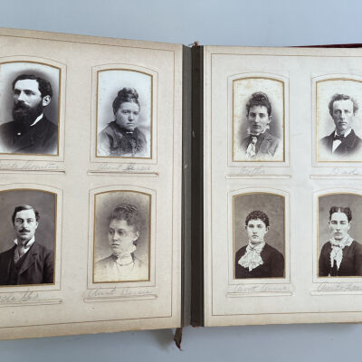 Left page: Uncle Thornton, Aunt Jessie, Uncle George, Aunt Bessie: Right page: Mother, Dad, Aunt Annie, Auntie Frankie