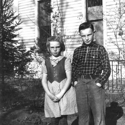 LO30 School Evelyn and Marvin1938: Marvin and Evelyn Demerest—in front of Old School House –1938