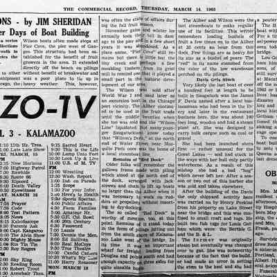 Recollections by Jim Sheridan (James Sheridan) II The Later Days of Boat Building: CR 14 March 1963 - mentions Wilson boat yard, Pier Cove, Aliber, Wilson line, Wilson's dock, Red Dock, James F. Davis, Henry Perkins, B&L, Lou Gotham, Gotham, Dick Hoffman.