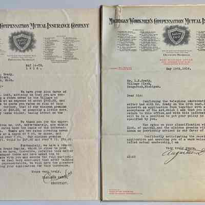 H. Letters about acquiring compensation insurance for workers laying sewage lines, May 1918.