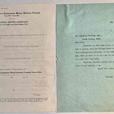 H. Form and letter about acquiring compensation insurance for workers laying sewage lines, May 1918.