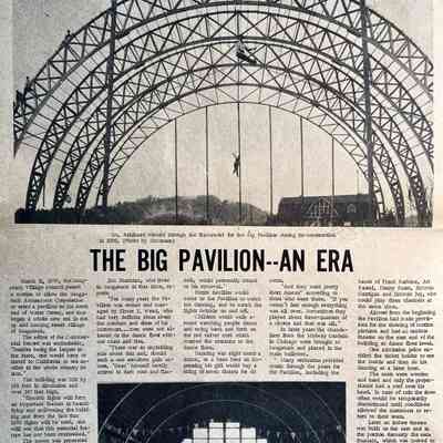 THE BIG PAVILION--AN ERA part 1: Mentions Saugatuck Amusement Corporation, H.H. Engel, David Reed, E.E. Weed aka Elmer Weed ada Deac' Weed, D.F. Ludwig, dancing, colored lights, chandeliers from Midway Gardens in Chicago, orchestras, Frank Barbino, Art Kassell, Danny Russo, Jimmie Garrgan, Jimmie Joy, movie theater,