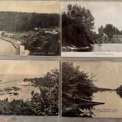 Views of Kalamazoo River Sheet 04: The image features four vintage postcards depicting scenic views of Saugatuck, Michigan, near the Kalamamoo River , Shriver’s Bend , New Harbor and Fishtown