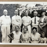          Saugatuck circa 1936; L-R Joshua J. Brown, Richard M. Brown, Mabel Brown, James M. Brown, Unknown cousin and Edith Brown
L-R front row - Ella Brown, Beatrice Brown Finch, Unknown cousin, boy cousin and Sandra Ann Finch
   