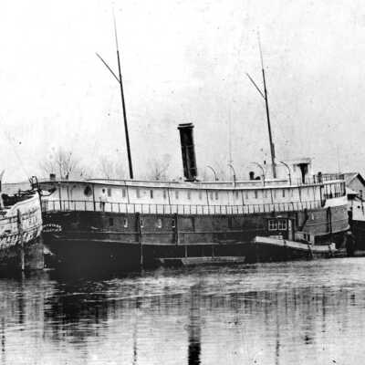 he Bon Voyage in winter layup. Completed in 1891, at 153’ in length and 500 tons gross weight, she was the largest vessel built in Saugatuck.: lo99 BonVoyage