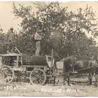          024.FruitGrower.SprayingFruitTreesDouglas.jpg 907KB; Two farmers standing on a horse-drawn cart and spraying fruit trees.
   