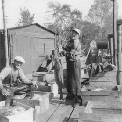 Demmy Demerest and Frank Sewers packing common carp, fall 1949