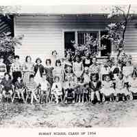          7-7 Sunday school 1954.jpg 2MN; Framed and hanging on the wall of the Children's Chapel is a photograph of the 1954 Sunday School class. A copy is included here.
The names of the children are:
Front Row:
4. Albert Stutsman
5. Kathy Morency
6. Bill Kurfess*
7. Curtis Hansman (Brizendine)
8 Rich Reel
9. Joan Reel (Atkins) *
10. Terry Hamilton (Ahrens)
11. Trudy Hamilton (Bainter)
Middle Row:
1. Lucie Reininga (Hoyt)
3. Nancy Stutsman (Lamb)
4. Barbara Williams
5. Laurie Rhodes (Parker)
6. Martha Spieth
7. Phillip Myers*
8. Charlotte Dallach (Snyder)
9. Steve Myers
10. Pete Rhodes
11. Charles 