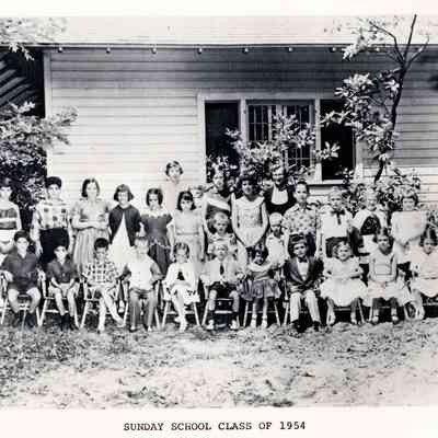 7-7 Sunday school 1954.jpg 2MN: Framed and hanging on the wall of the Children's Chapel is a photograph of the 1954 Sunday School class. A copy is included here.
The names of the children are:
Front Row:
4. Albert Stutsman
5. Kathy Morency
6. Bill Kurfess*
7. Curtis Hansman (Brizendine)
8 Rich Reel
9. Joan Reel (Atkins) *
10. Terry Hamilton (Ahrens)
11. Trudy Hamilton (Bainter)
Middle Row:
1. Lucie Reininga (Hoyt)
3. Nancy Stutsman (Lamb)
4. Barbara Williams
5. Laurie Rhodes (Parker)
6. Martha Spieth
7. Phillip Myers*
8. Charlotte Dallach (Snyder)
9. Steve Myers
10. Pete Rhodes
11. Charles "Chipper" Good*
12. Jeff Kurfess
13. Martha Morency
14. Paula Ullmann
Back Row
1. Kay Watt (Gielow)
2. Melissa Stutsman
3. Mary Newcomb