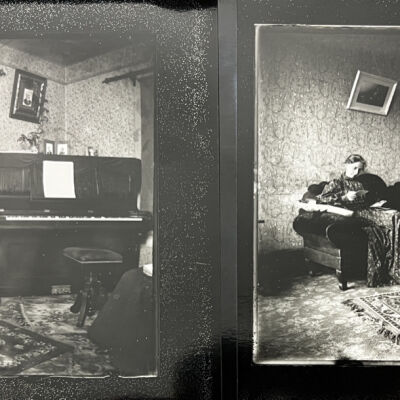 modern prints from glass plates: Written on back -- "The 3 pictures were printed from glass negatives that James Brown took. I always heard that he had the 1st camera in Saugatuck. My X-son-in-law has all the glass negatives & I'm trying to get them back for the museum. I don't know who's house this was unless it was Joshua Browns or his inlaws the Morgans? I don't know who these ladies are."