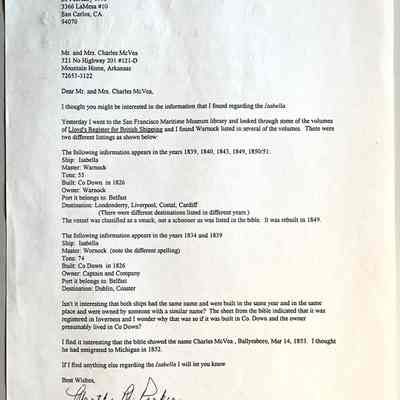 P. 1995 letter to Charles McVea of Mountain Home, Arkansas about the Isabella, built 1826