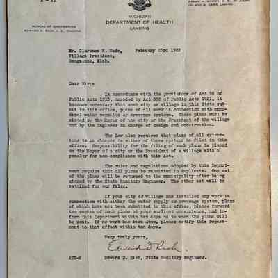 F. Letter to Clarence W. Wade, Village president, from Mich. Department of Health requesting water and sewage system plans, as required in Act 98 of Public Acts 1913.