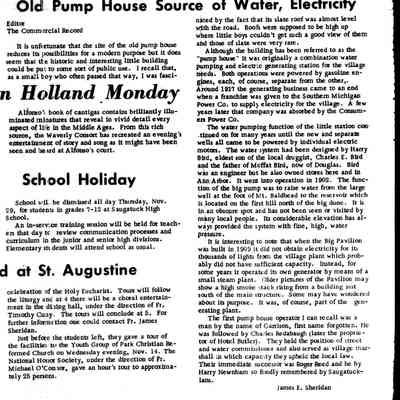 cr1973112905OldPumpHouse.jpg: James E. Sheridan's recollections about the Pump House, Southern Michigan Power Co., Consumers Power Co., Harry Bird, Charles E. Bird, the Big Pavilion power plant, Garrison, Charles Redabaugh, Roger Reed, Harry Newnham