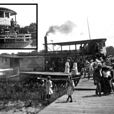 The A. R. Heath, a steam powered sidewheeler owned by Doc Heath, unloading passengers in Saugatuck ca 1905.: A.R Heath at landing 2 views