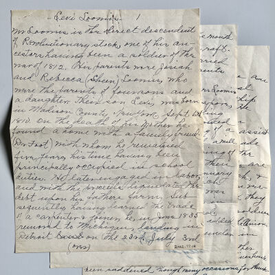Handwritten biography of Ganges pioneer Levi Loomis, author unknown and undated.