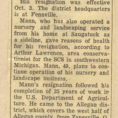 Mann0010-CharlesRetiresOct60.JPG 335KB: US Soil Conservation Head, Charles Mann, Resigns Position - Fennville Herald 1960 -  - Sample image from Charles Mann newspaper clippings