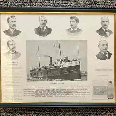 framed: EDWARD GEORGB STINES. Captain. St. Joseph
CORNELIUS D. SIMONS. 1st Mate. Benton Harbor
BENNIR EDWARD STINES. 2nd Mate. St. Joseph
ROBERT McCLURE. Chief Engineer. Detroit
JAMES K. CLARKE, Clerk, St. Joseph 
JOSEPH F. PEARL, Passenger, St. Joseph
ALFRED WIRTZ, Second Engineer, Detroit
JOSEPH MARKS. Wheelman. Benton Harbor
JOHN WERNER Firemen. Sweden
WILLIAM M. SCHECK, Fireman, Philadelphia
THOMAS ROBERTSON, Watchman, Baltimore
JOHN HOGEBOOM. Watchman. Saginaw
GRANT A. DOWNING. Oiler. Lapeer
RALPH DOWNING. Coal Passer Lapeer
NATHAN LYNCH Cook. St. Joseph
MERRITT W. MORGAN. Steward. Benton Harbor
JAMES MALONE. Pantryman, Chicago 
JESSE DAVIS, Porter, Benton Harbor
JNO MATTISON. Deck Hand. Benton Harbor
ARCHIE BENTLY, Deck Hand, Benton Harbor
WM. DUNN. Deck Hand. Benton Harbor
JOSEPH FELIX. Deck Hand. Benton Harbor
THOMAS CASS ED Deck Hand. Benton Harbor 
Jack RYAN. Deck Hand. Benton Harbor