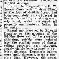          cr1951021601FWSewersBuildingsBurnedEd-MarDamaged.jpg 89KB; Frank Sewers fishing shanties at foot of Griffith Street (Coghlin Park) and Ed-Mar hotel burned.
   
