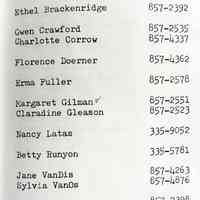          Ethel Brackenridge
Gwen Crawford
Charlotte Corrow
Florence Doerner
Erma Fuller
Margaret Gilman
Claradine Gleason
Nancy Latas
Betty Runyon
Jane VanDis
Sylvia VanOs
Ruth Wilson
Alice Wrobel
   