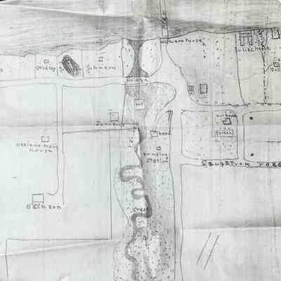 Pier Cove map, large format photocopy: showing locations of Curtis, Studley, Johnson properties, Ussian's man's house, barnk bridge, mill, pumping station, pier, warehouse, Julia house, Doll house, our house, garden, creek, Saugatuck Road.