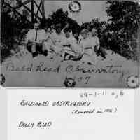          89-1-11 a baldhead.jpg 478; Bald Head Observatory 1907 Dolly Bird. Group of people sit on the sand at the base of the observatory.
   