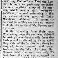          cr1935031501LiveSealSeen.jpg; George Sewers aboard the Reindeer, with Ray Peel, Paul Peel and Roy Hill, spot seal in Lake Michigan
   