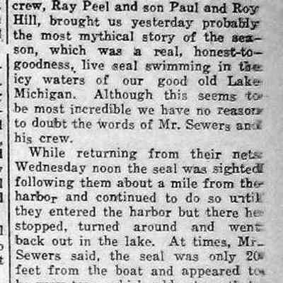 cr1935031501LiveSealSeen.jpg: George Sewers aboard the Reindeer, with Ray Peel, Paul Peel and Roy Hill, spot seal in Lake Michigan