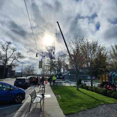 The tower being disassembled on Wednesday, April 24, 2024
