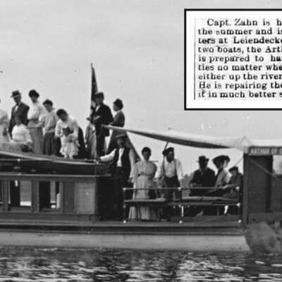 The Arthur, gasoline engine turning the sternwheel, ca 1907, cruising just above Douglas. The short news article (inset) appeared on the front page of the Commercial record in May 1906.: Arthur for LO84