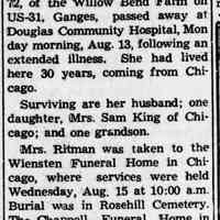          cr 24 August 1962 Anna L Ritman.jpg; Obit for Anna L. Ritman, spouse of George Ritman, that mentions Willow Bend Farm.
   