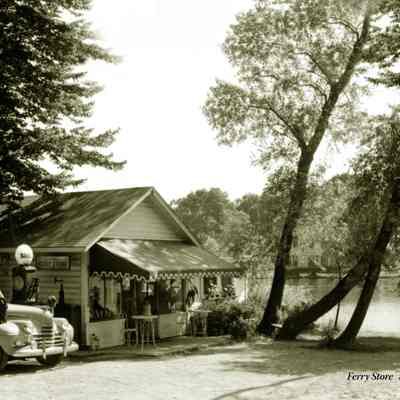 FerryStore8x101944_tu.jpg: circa 1944 "The Ferry Store when it was owned by Jean Palmer and Mary Kay Betties [sic] and still sold gasoline. Note the two dogs sitting primly on the fenders of Mary Kay's convertible Chloe, at left." - https://sdhistoricalsociety.org/publications/NLHist/NLHist/P105-106.php