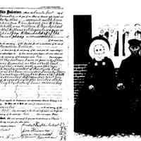          204KB; Left, an 1869 deed from his father and brothers selling to Gerrit Jan Kleinheksel, Goldie's grandfather, a portion of the family land in section 27, Fillmore township. Right, Goldie's mother's grandparents, the Deters, from a Lingen, Germany, portrait.
   