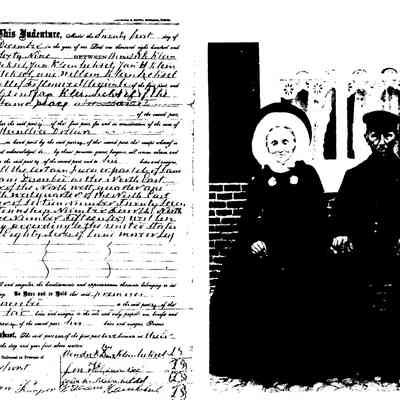 204KB: Left, an 1869 deed from his father and brothers selling to Gerrit Jan Kleinheksel, Goldie's grandfather, a portion of the family land in section 27, Fillmore township. Right, Goldie's mother's grandparents, the Deters, from a Lingen, Germany, portrait.