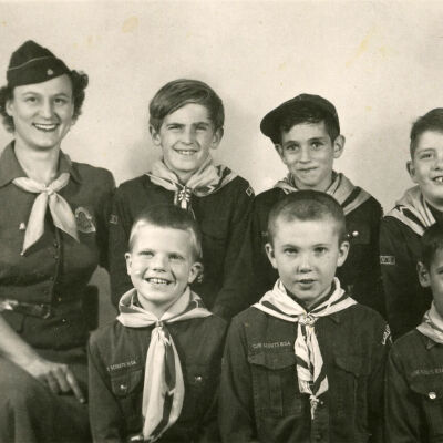 Jayne___cub_scouts.jpg 422MB Digital file at 2021.72.02: Jane VanDis and cub scouts (back row L to R) Kip Henderson, Bruce Simonson, Bob Crawford (front row) Tim Wilson, Bob Engborg and Wayne Schaffer