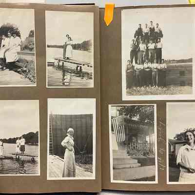 Notes on photo of young men posted in three rows "at the beach" [top of right page] by Jack Sheridan:
"The photo location is the basin beach - south shore of the Kalamazoo river, just inside the 1906 piers. The houses on the north shore are property of the Cook family and were summer cottages built for their extended family members. The so called Dug Road is seen leading up to them. There were three or four along that shore in the dunes almost to the lakeshore. I know a bit of the Cook family history. David and Margaurite Cook were good friends of George and Sarah Sheridan, my lighthouse keeper grandparents who helped them acquire some of their estate land."