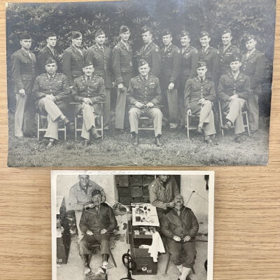 "Doc" Walter H. Cramer, Capt D.C. is standing third from right in top photo and is playing the dentist at the left in the bottom gag photo.: Both photos marked "for personal use only, not for publication"  Top image has "Passed by US Army Examiner 31231" stamp