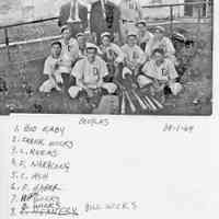          NamesBaseball1918.jpg 1.4MB - located in box 31, envelope 89-1-64; players listed as L. Reems, F. Naralong (Naracong), C. Ash, F. Haber, Herm Wicks, Bill Wicks, C. Hennery
   