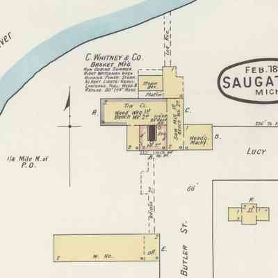 Location and layout of the factory from the 1895 Sanborn fire map of Saugatuck